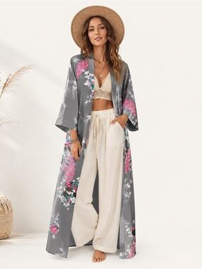 BABEYOND Peacock Kimono Robe Grey Floral Satin Duster OS